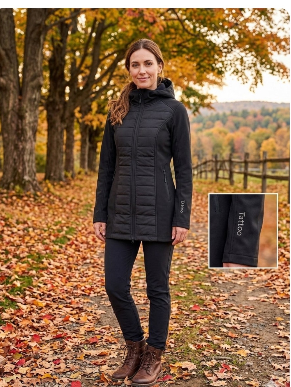 Tattoo Outerwear Fleece Lined Quilted Mixed
Media Hooded Long Coat Jacket XS-S